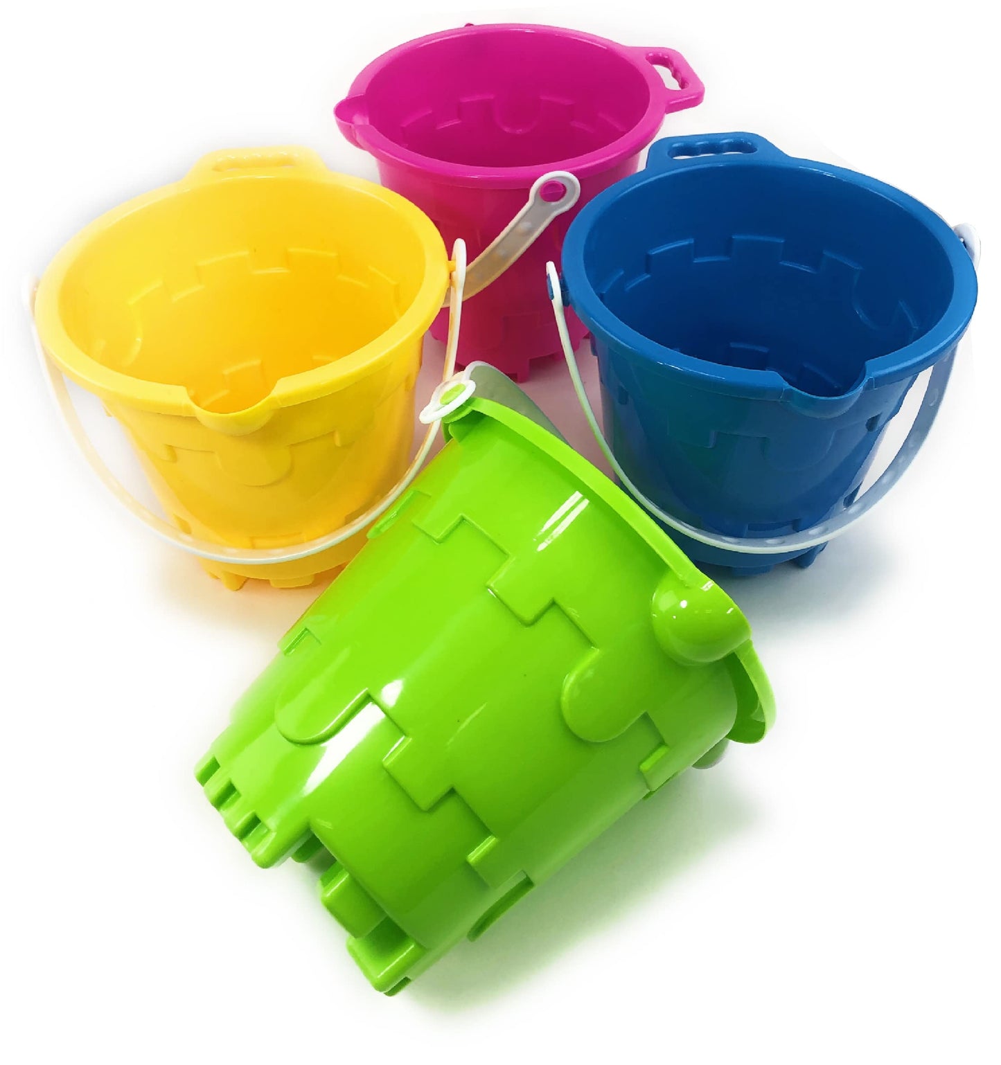 Kinder King Beach Gear 7" Plastic Castle Mold Sand Buckets (Pails) with Easy Pour Spout and Handle Blue, Pink, Green & Yellow Party Set Bundle - 4 Pack