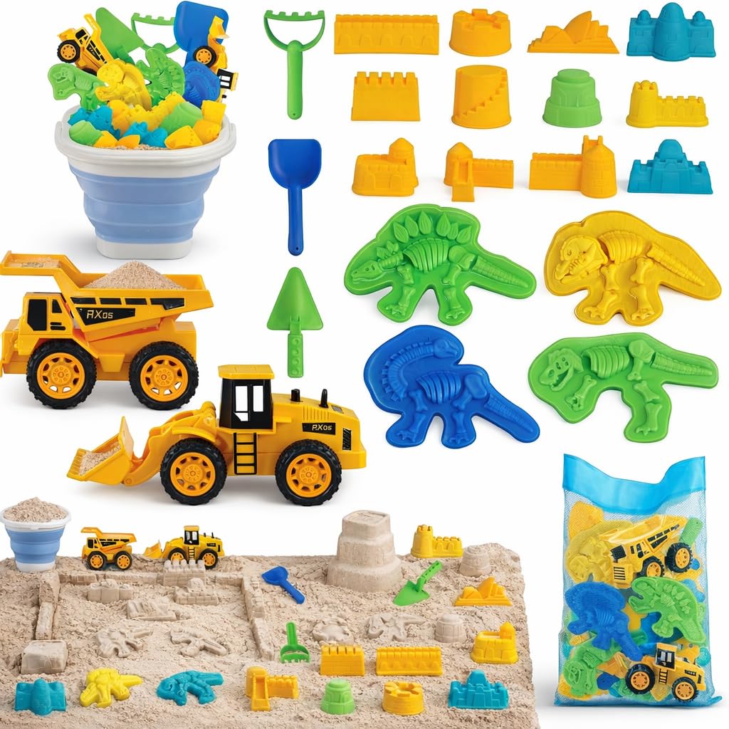 Kinder King 22 Pcs Dinosaur Beach Toys for Kids Ages 4-8 Collapsible Sand Toys with Construction Cars Silicone Bucket Shovels & Sand Castle Building Kit Molds, Sandbox Toy for Summer, Travel, Fishing