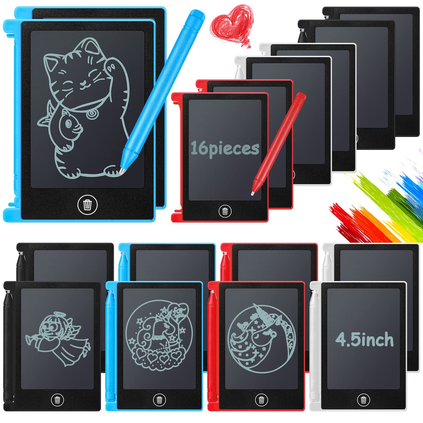 Kinder King 16 Pieces 4.5 Inch Mini LCD Writing Tablet for Kids Electronic Doodle Board Colorful Drawing Tablet Bulk Erasable Writing Pad Reusable Learning Gift for Girls Boys Party Favor