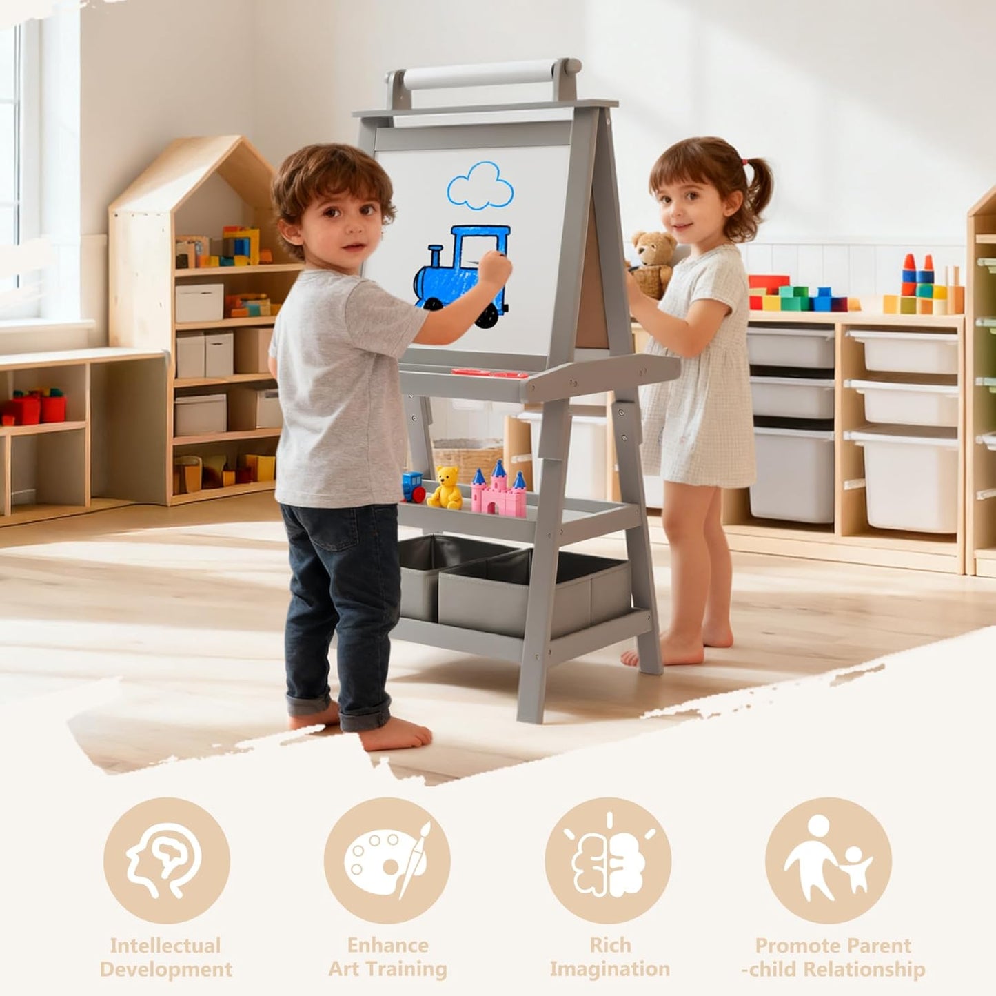 Kinder King 3 in 1 Kids Art Easel w/Storage, Double-Sided Magnetic Whiteboard & Chalkboard, Dry-Erase Board w/Paper Roller, Toddler Children Standing Easel for Painting & Drawing, Accessories(Grey)