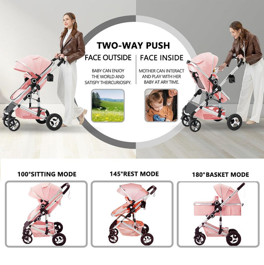 Kinder King 2 in 1 Convertible Baby Stroller, Folding High Landscape Infant Carriage, Newborn Reversible Pram, Adjustable Canopy, Diaper Bag, Pink