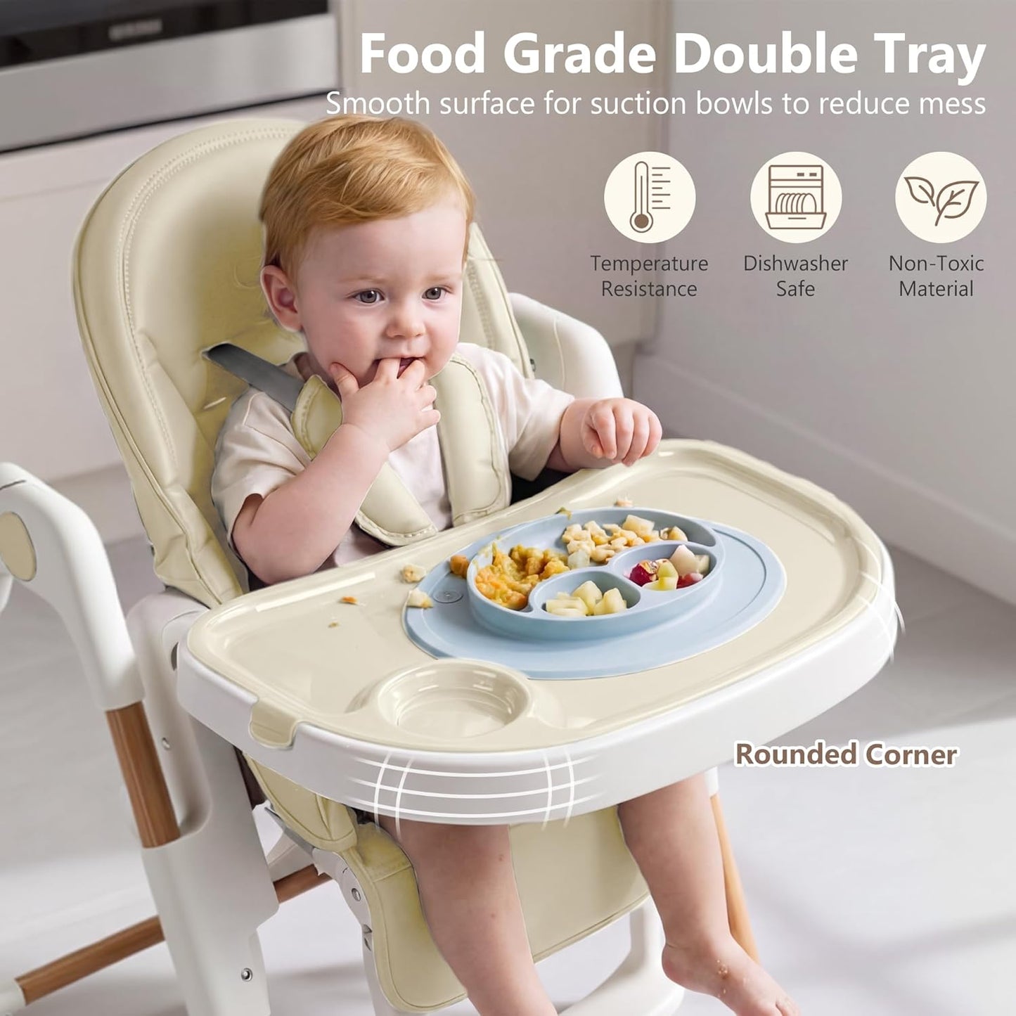 Kinder King Convertible High Chair for Babies & Toddlers, Adjustable Baby Feeding High Chair with Removable Double Tray, Simple Compact Fold for Space-Saving, 2 Built-in Wheels, Easy to Clean