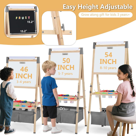 Kinder King 3 in 1 Wooden Kids Easel, Adjustable Double-Sided Art Easel for Kids, Magnetic Whiteboard & Chalkboard, Paper Roller, Art Supplies, Painting Drawing Easel Toddler,Gray