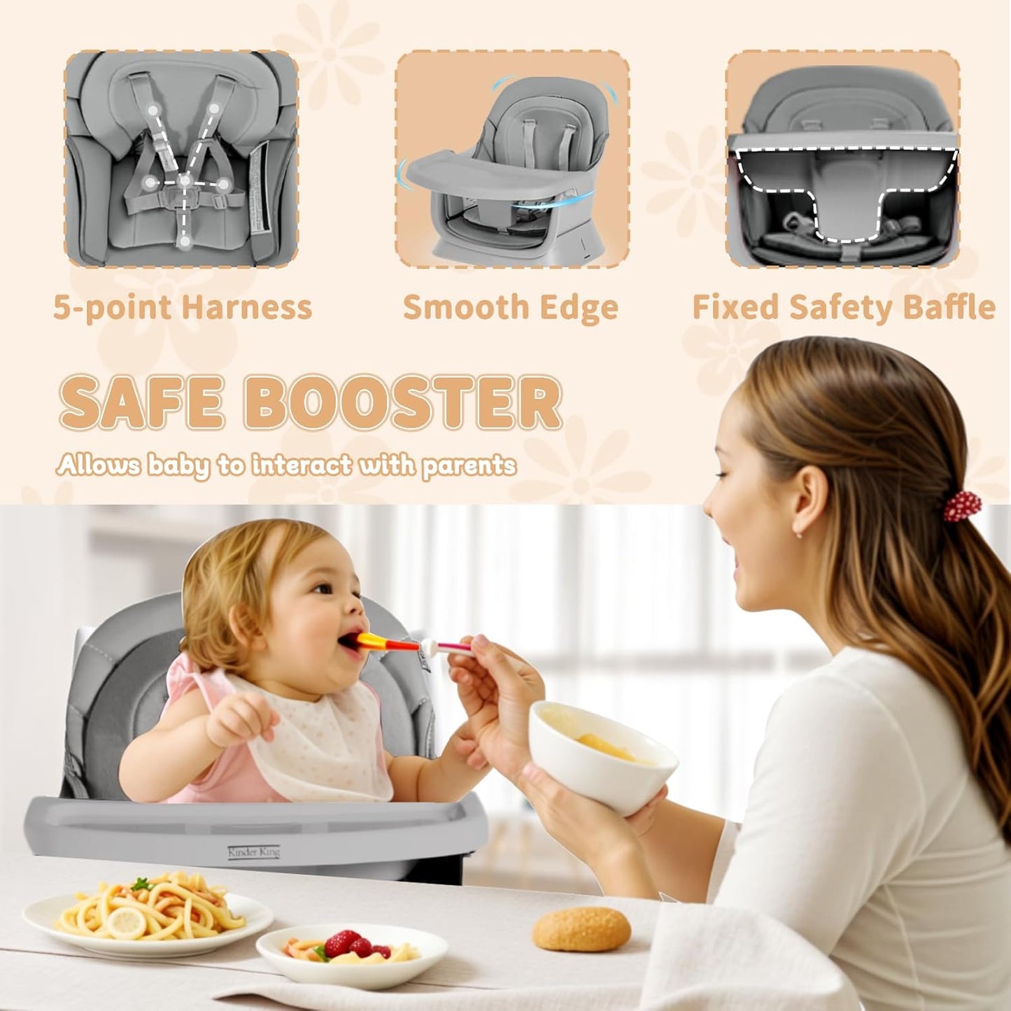 Kinder King Baby High Chair, 8 in 1 Coverts to Dining Booster Seat/Kids Table & Chair Set/Toddler Building Block Table/Kids Stool, Removable Tray & Double Seat Cover, Easy to Wipe, Grey