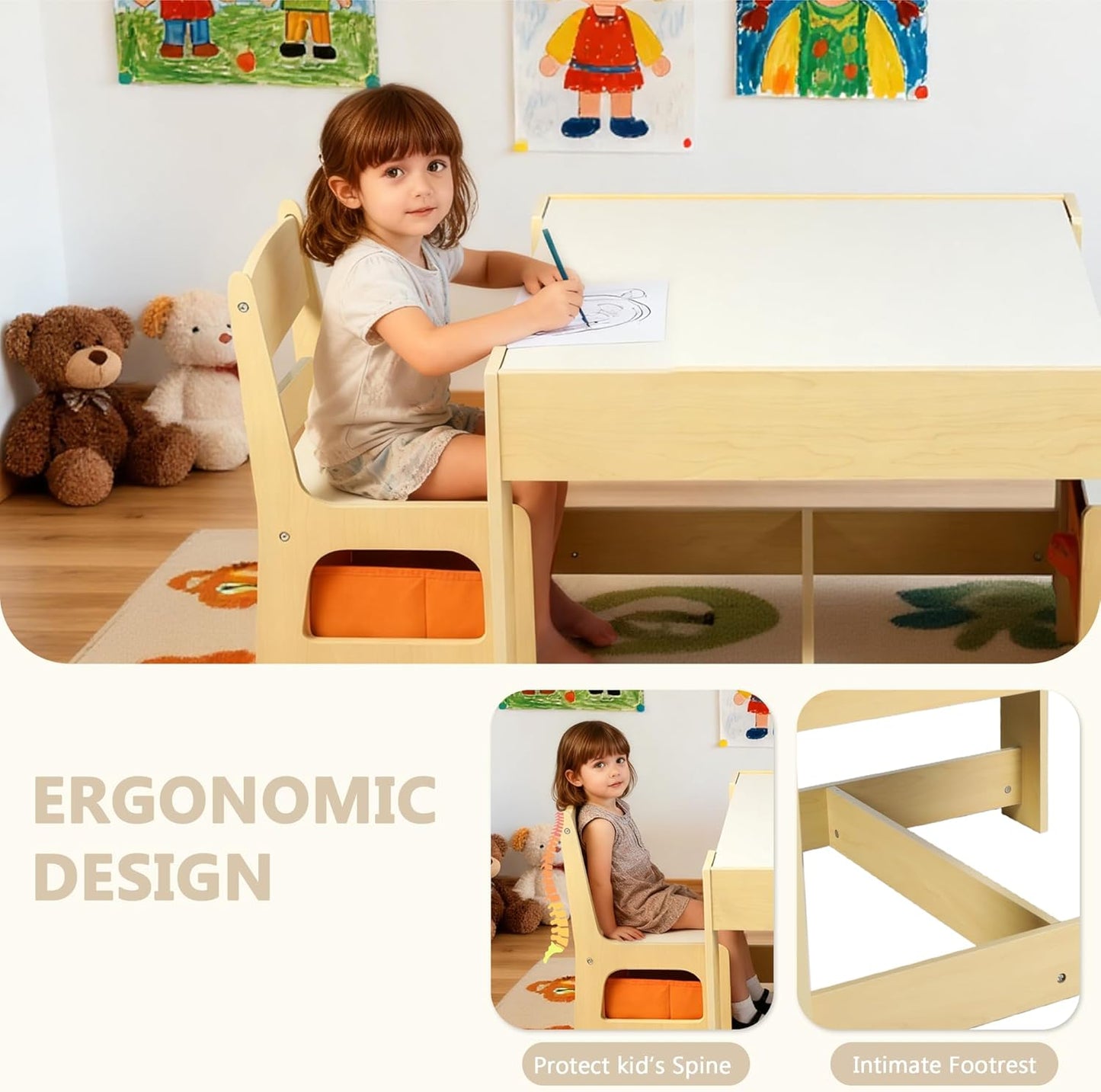 Kinder King Kids Wood Table & 2 Chairs Set, 3 in 1 Children Activity Table w/Storage, Removable Tabletop, Blackboard, 3-Piece Toddler Furniture Set for Art, Drawing, Reading, Playroom, Natural