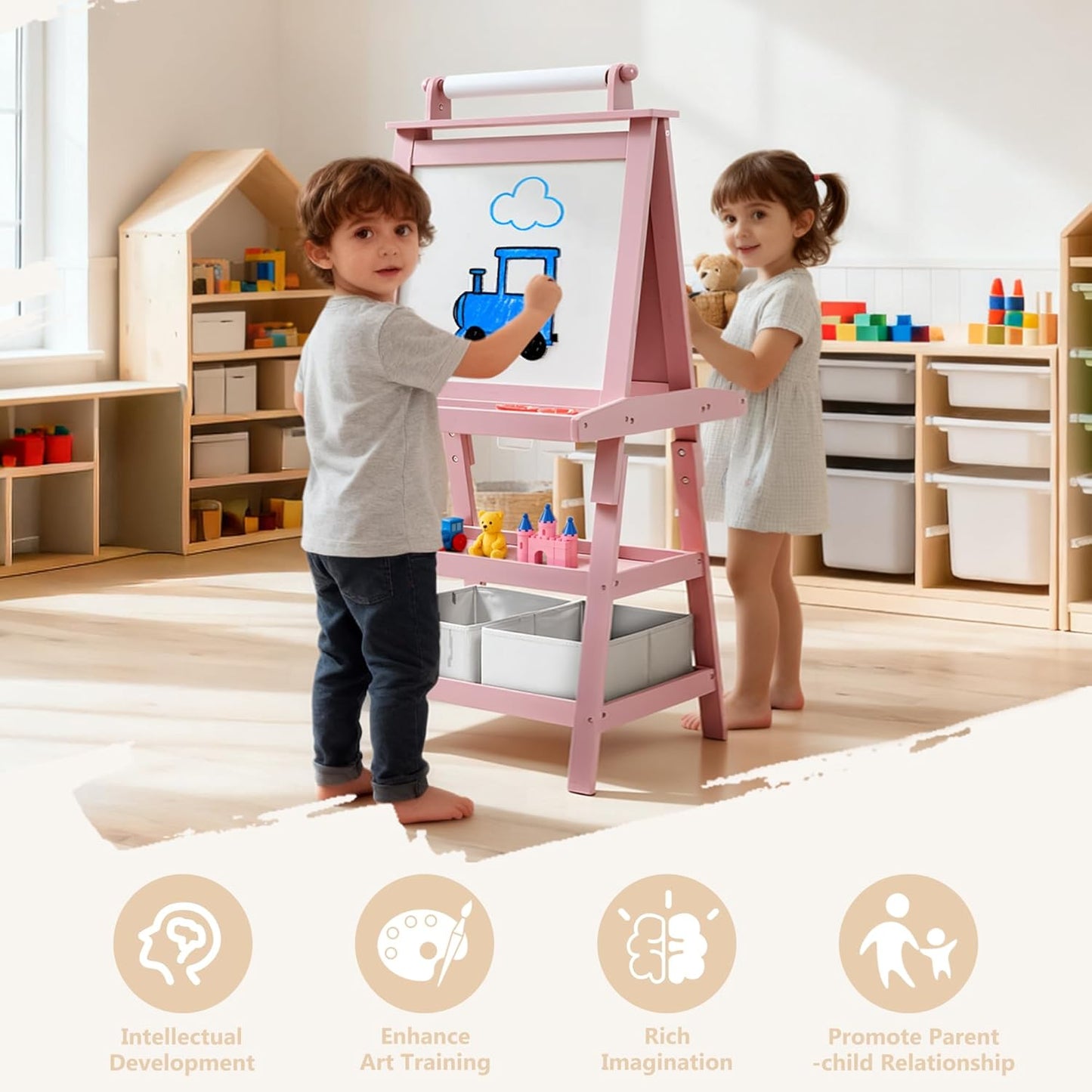 Kinder King 3 in 1 Kids Art Easel w/Storage, Double-Sided Magnetic Whiteboard & Chalkboard, Dry-Erase Board w/Paper Roller, Toddler Children Standing Easel for Painting & Drawing, Accessories, Pink