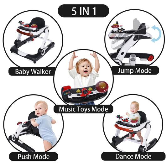 Kinder King Baby Walker with Music & Lights, 5 in 1 Baby Activity Walker with Wheel, Adjustable Height & Seat, Learning-Seated & Toddler Walk-Behind, Safety Bumper, Infant Walker Anti-Rollover, Black