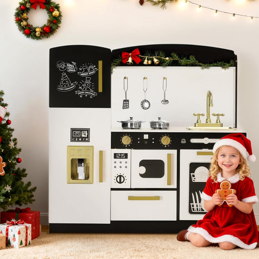 Kinder King Wooden Kids Play Kitchen, Toy Kitchen Playset for Toddler, Play Kitchen Set w/Blackboard, Transparent Coloring Board, Pretend Dishwasher, Oven, Ice Maker, Gift for Boys Girls Age 3+, Black
