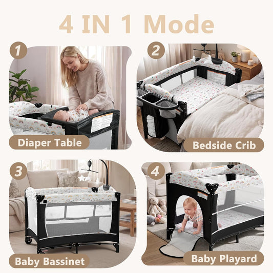 Kinder King 4 in 1 Portable Baby Playard, Foldable Baby Bedside Crib w/Bassinet, Infant Pack and Play Playard Toddler Large Playpen, Newborn Changing Table, Storage Basket,Multicolour