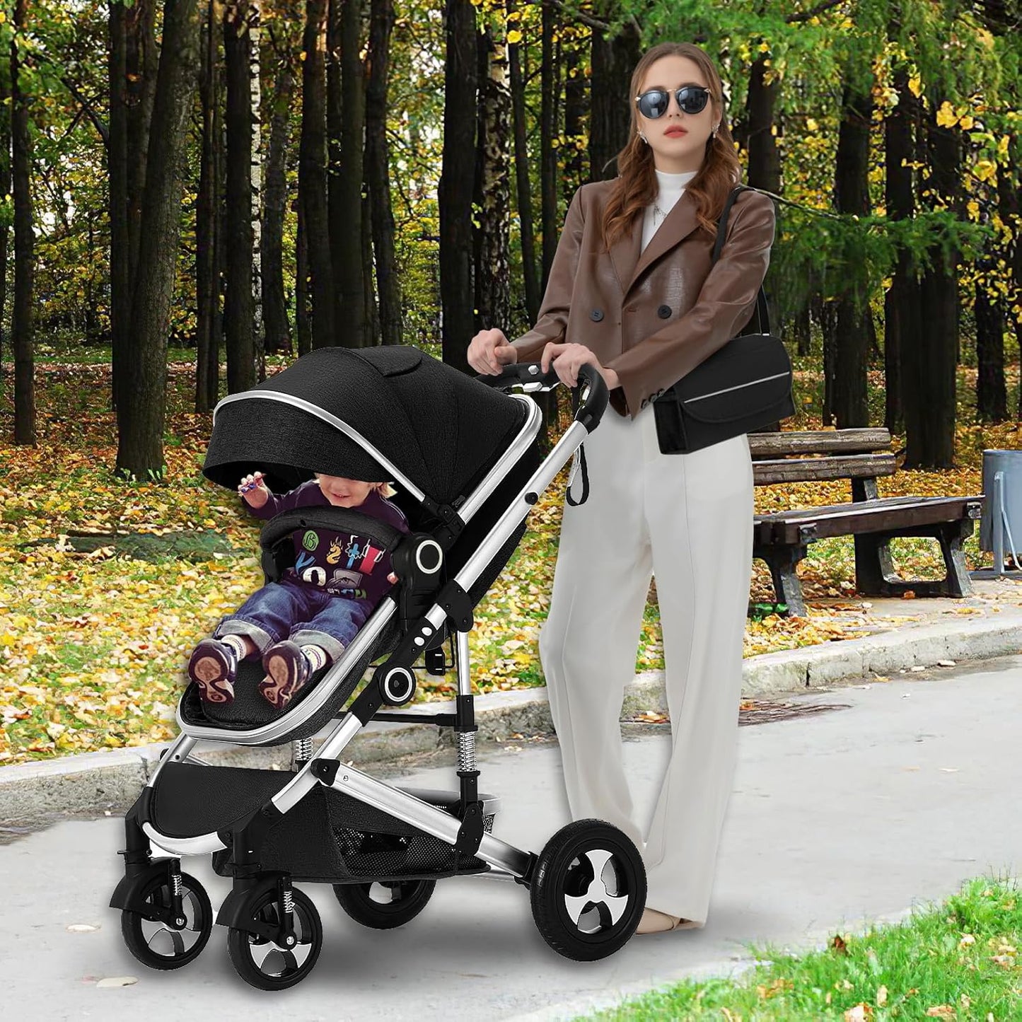Kinder King 2 in 1 Convertible Baby Stroller, Folding High Landscape Infant Carriage, Adjustable Canopy, Diaper Bag, Anti-Shock Toddler Pushchair Stroller, Black