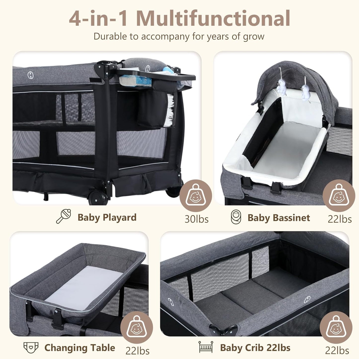 Kinder King 4 in 1 Foldable Pack and Play with Bassinet & Changing Table, Portable Playard for Babies and Toddlers, Adjustable Canopy, Storage Bag, Black