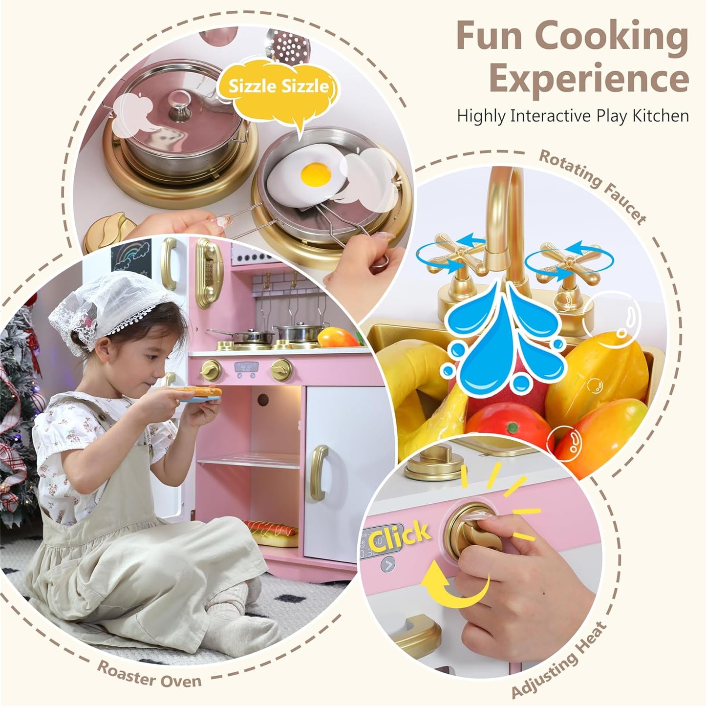 Kinder King Wooden Kids Play Kitchen, Toy Kitchen Playset for Toddler, Pretend Oven, Microwave, Telephone, Chalkboard, Interactive Doors, Knobs, Realistic Kitchen Sets for Boys Girls Age 3+, Gold