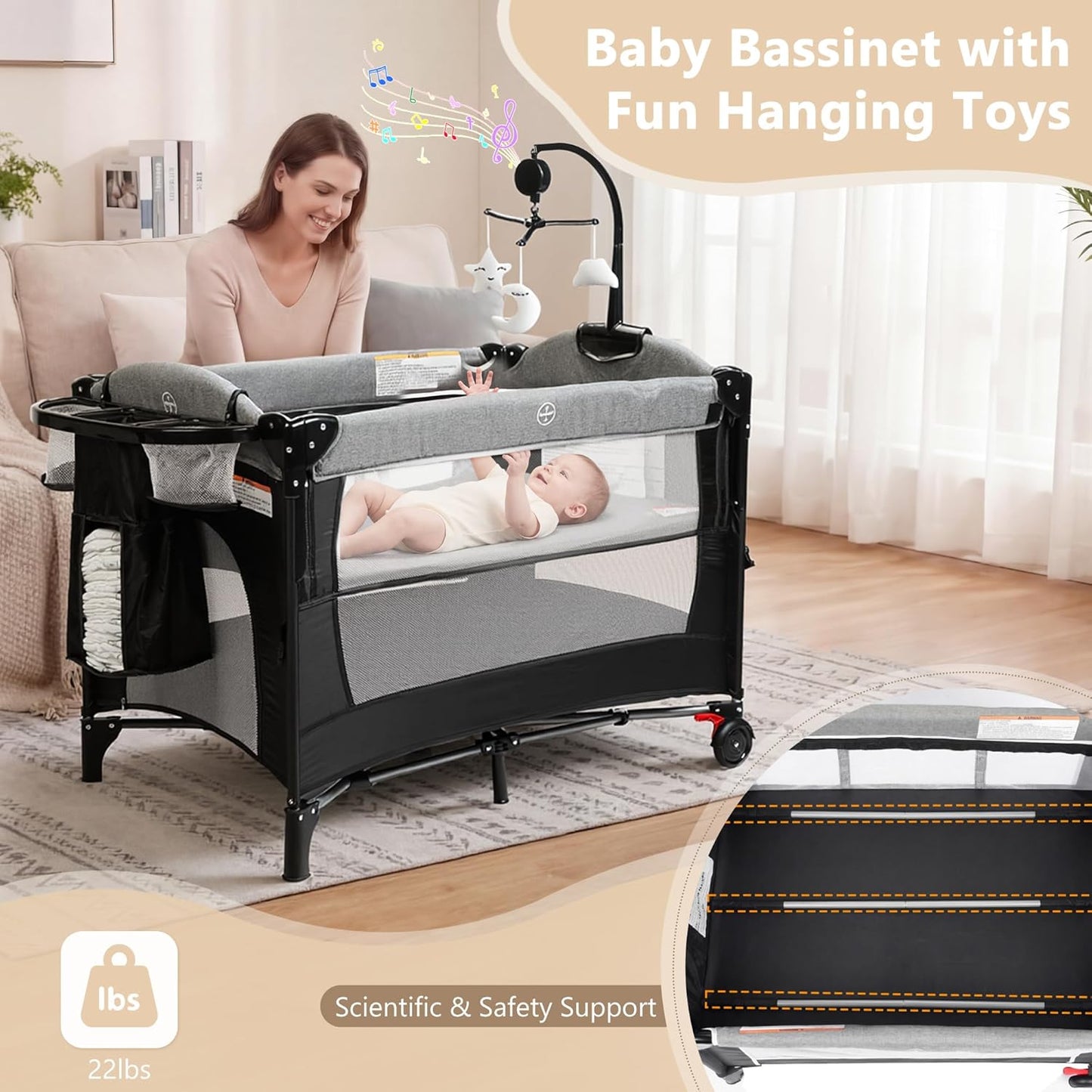 Kinder King 4 in 1 Portable Baby Playard, Foldable Baby Bedside Crib w/Bassinet, Infant Pack and Play Playard Toddler Large Playpen, Newborn Changing Table, Storage Basket, Grey