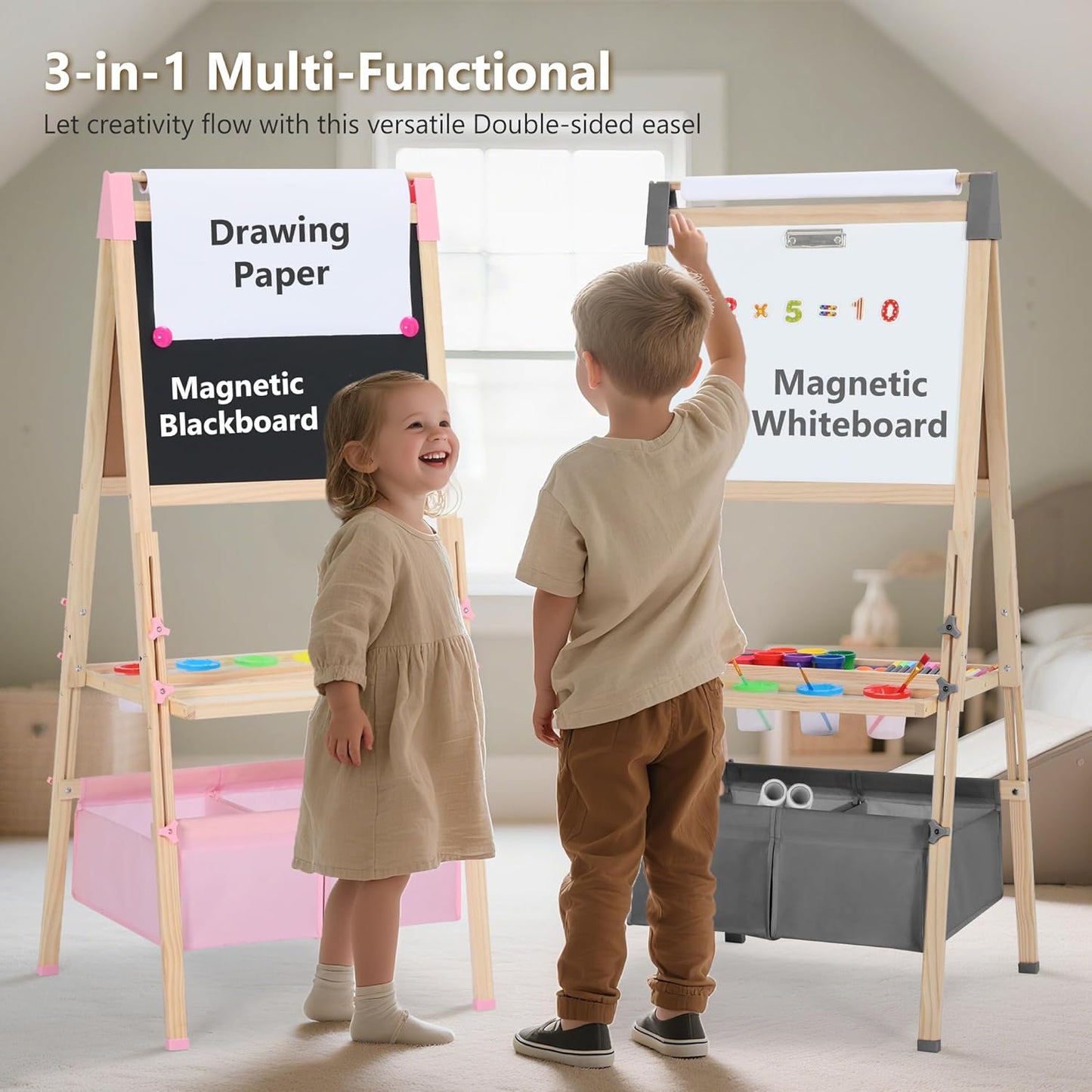 Kinder King 3 in 1 Wooden Kids Easel, Adjustable Art Easel for Kids, Double-Sided Magnetic Whiteboard & Chalkboard, Paper Roller, Art Supplies, Coloring Drawing Easel Toddler Gift Ages 3+, Grey