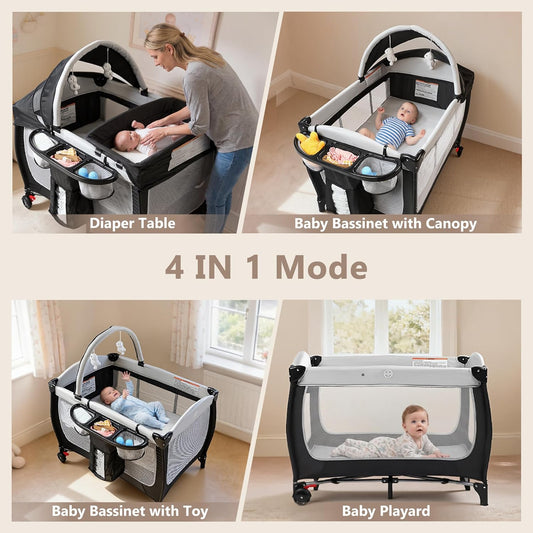Kinder King 4 in 1 Portable Pack and Play, Baby Playard w/Bassinet, Large Playpen for Infant and Toddler, Newborn Changing Table, Adjustable Canopy, Storage Basket, Travel Bag, Black