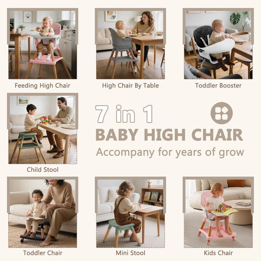 Kinder King 7 in 1 Baby High Chair for Babies and Toddlers with Large Storage Footrest, Booster Seat, Convertible Wooden High Chair with 3-Depth Double Dishwasher Safe Tray, 5 Point Harness, Pink