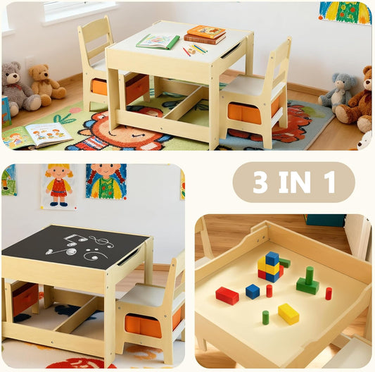 Kinder King Kids Wood Table & 2 Chairs Set, 3 in 1 Children Activity Table w/Storage, Removable Tabletop, Blackboard, 3-Piece Toddler Furniture Set for Art, Drawing, Reading, Playroom, Natural