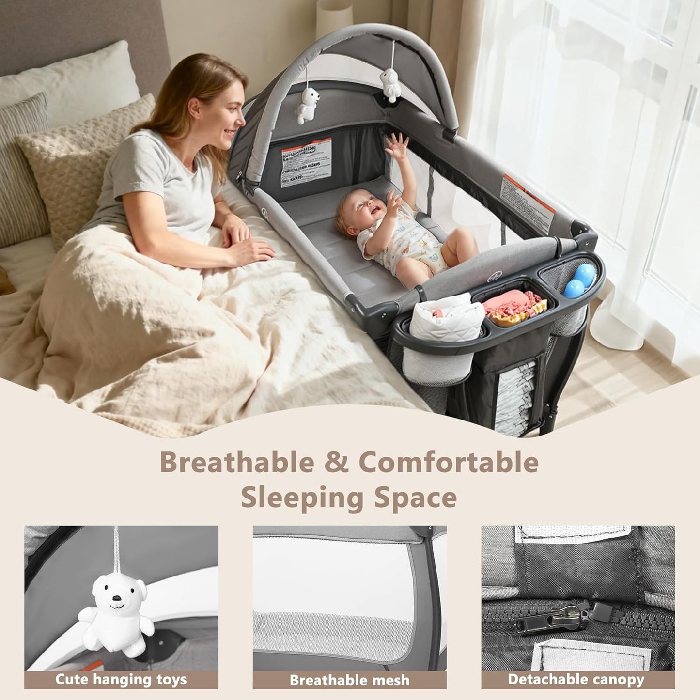 Kinder King 4 in 1 Portable Pack and Play, Baby Playard w/Bassinet, Large Playpen for Infant and Toddler, Newborn Changing Table, Adjustable Canopy, Storage Basket, Travel Bag, Grey