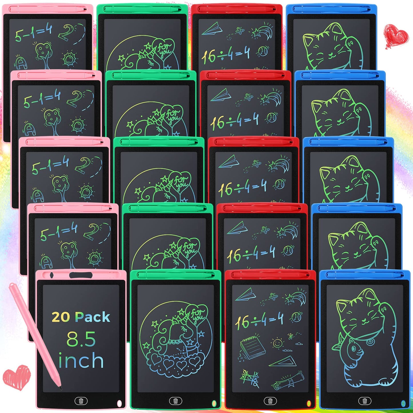 Kinder King 20 Pack LCD Writing Tablet for Kids: 8.5 Inch Colorful Drawing Doodle Boards - Reusable Erasable Doodle Board Educational Learning Toys Gifts for Toddlers Ages 3-8 Party Favors