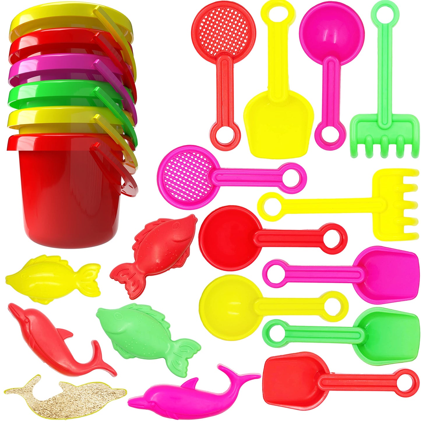 Kinder King Mini Beach Day Playsets (Pack of 6) 3.25" Sand Bucket Play Set Box Includes, Pail, Shovel, Rake, Sifter Scoop, Dolphin Fish Sand Trays Toy for Boys and Girls Birthday Party Favor