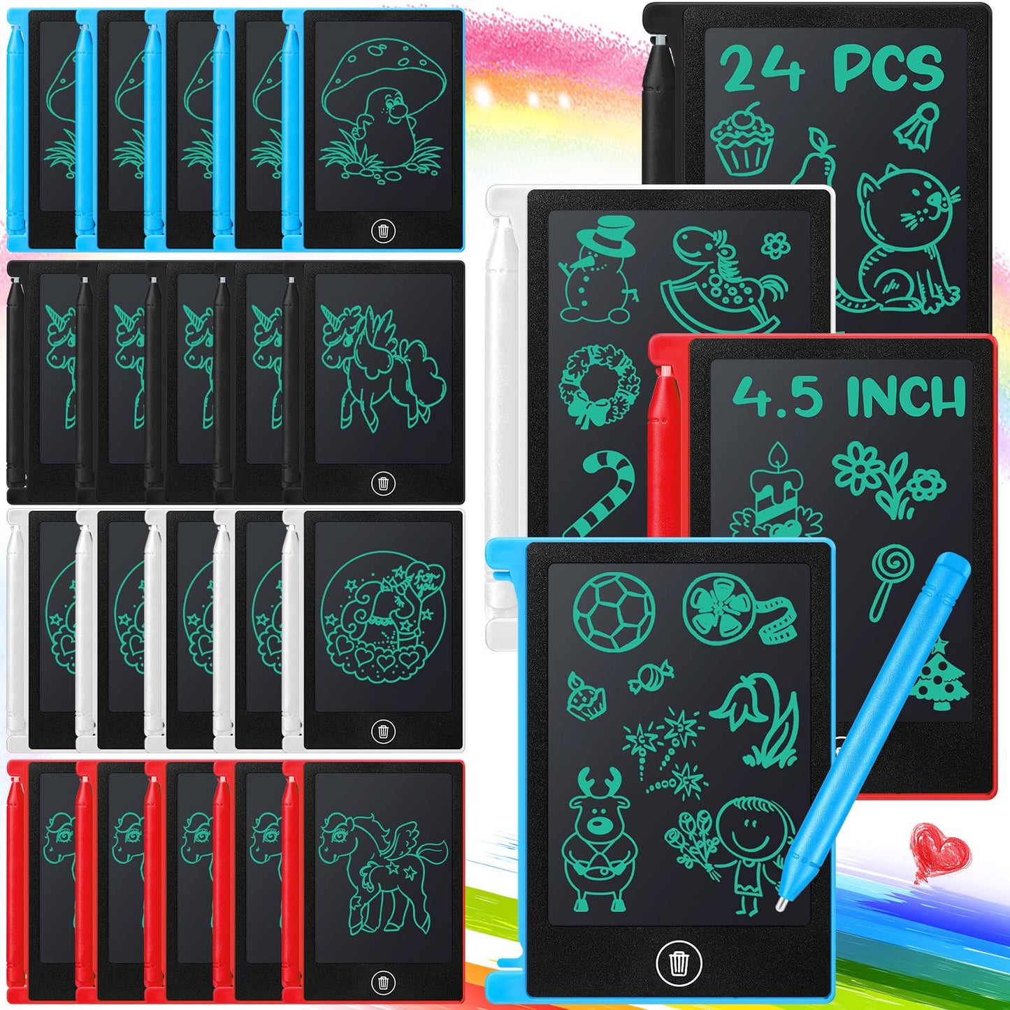 Kinder King 24 Pack LCD Mini Writing Tablet for Kids 4.5 Inch Doodle Board Bulk Erasable Reusable Electronic Drawing Pad Birthday Party Favors Goodie Bag Classroom Gifts
