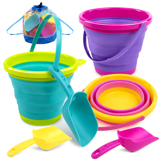 Kinder King Foldable Beach Bucket Set - 3 Packs Collapsible Toy Buckets with Shovels and Mesh Backpack for Kids Toddlers Party, Camping Gear, Travelling, Fishing Water Pail (Pink/Purple/Green)