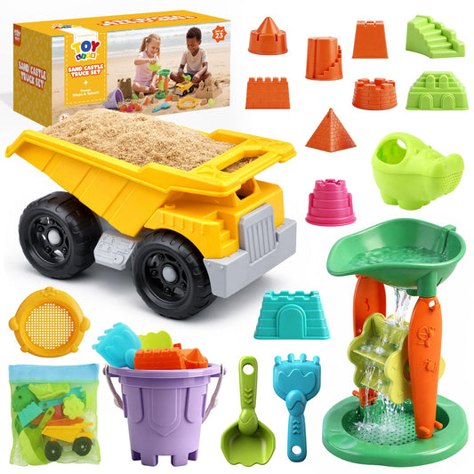 Kinder King 23 Pcs Beach Toys for Kids Sand Toys with Construction Cars Castle Bucket Shovels & Sand Castle Building Kit Molds, Sandbox Toy for Summer Water Play, Travel, Fishing
