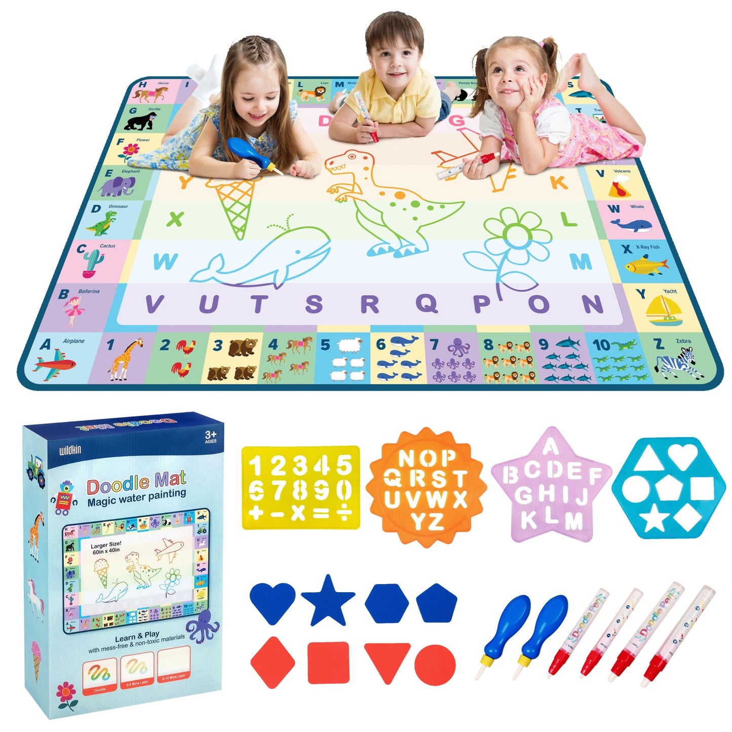 Kinder King Doodle Mat ¨C Extra Large 60 x 42 Inch Water Drawing Mat for Kids, Educational Learning Toy with Letters & Numbers, Mess-Free Coloring for Toddlers & Preschoolers - Alphabet Adventure