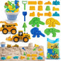 Kinder King 22 Pcs Dinosaur Beach Toys for Kids Ages 4-8 Collapsible Sand Toys with Construction Cars Silicone Bucket Shovels & Sand Castle Building Kit Molds, Sandbox Toy for Summer, Travel, Fishing