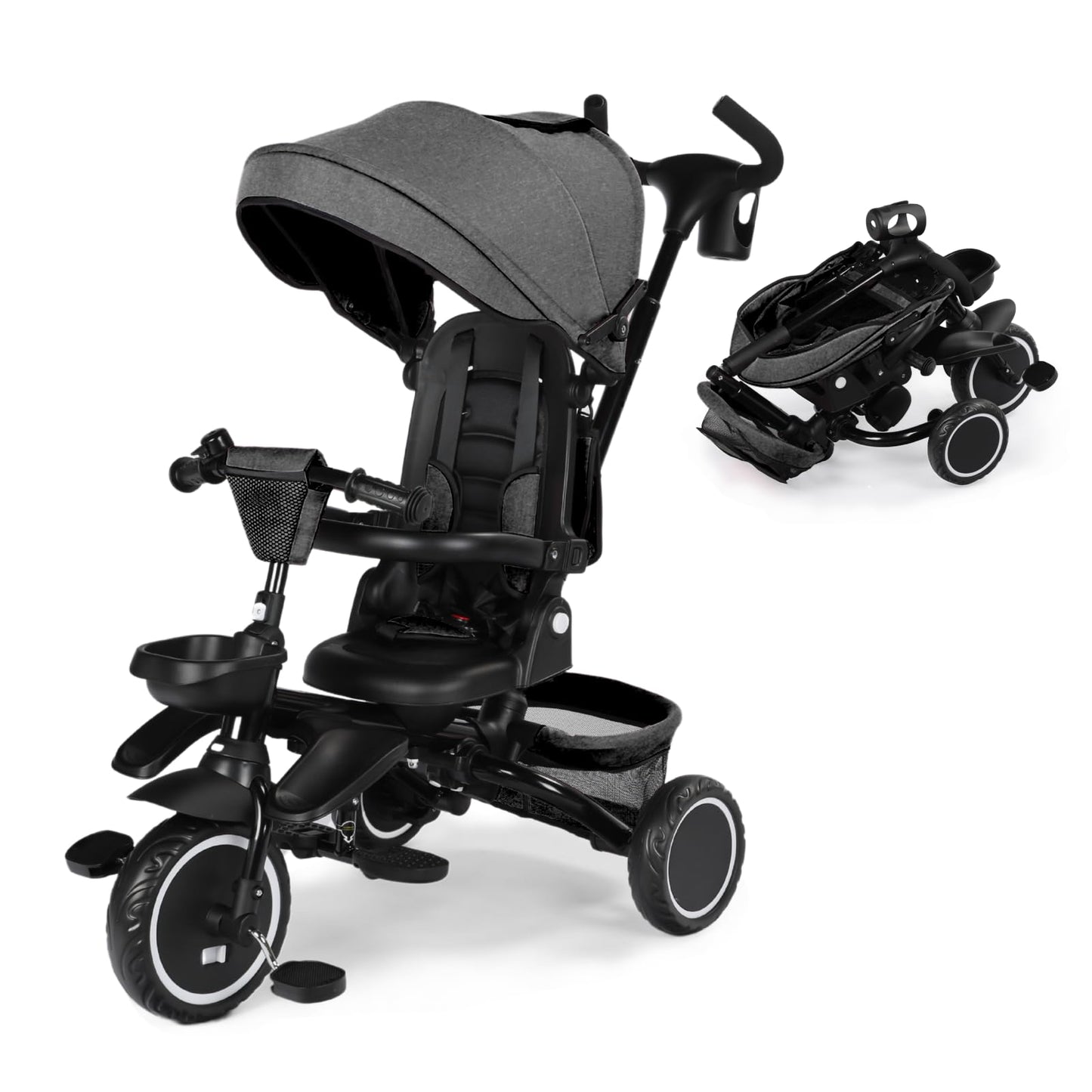 Kinder King Kids Tricycle, 8 in 1 Folding Toddler Trike w/Adjustable Push Handle, Rotatable Seat, Adjustable Canopy, Bell, Five-Point Harness, Storage, Bike Tricycle for Toddlers 1-3, Grey
