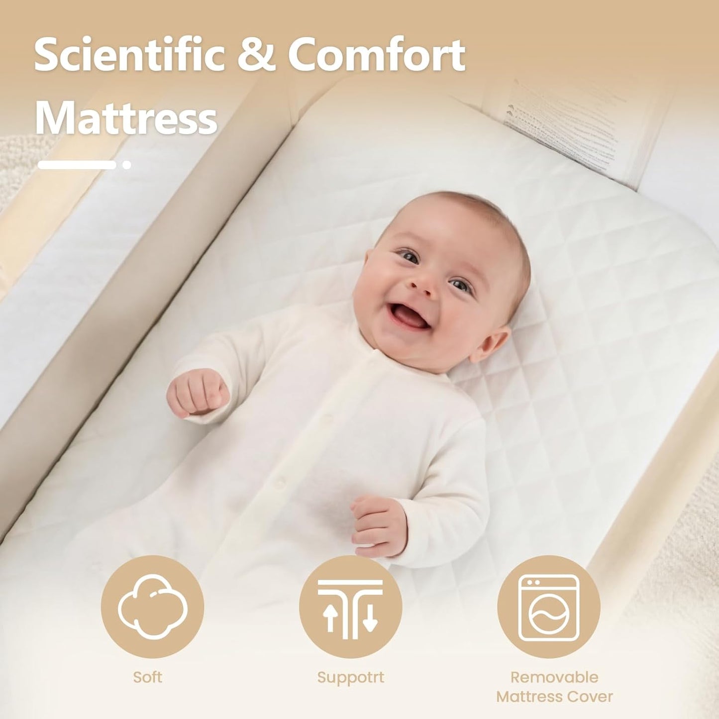Kinder King Baby Bassinet Bedside Sleeper, Newborn Baby Bedside Crib w/Wheels, All-Sided Mesh, Adjustable Height, Removable Soft Mattress, No Tool to Assemble, Beige