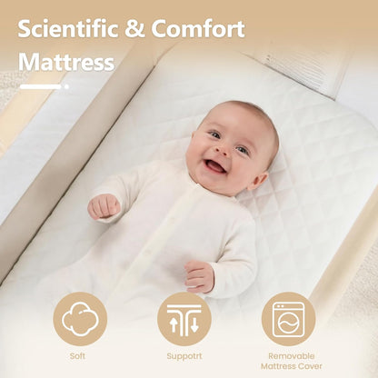Kinder King Baby Bassinet Bedside Sleeper, Newborn Baby Bedside Crib w/Wheels, All-Sided Mesh, Adjustable Height, Removable Soft Mattress, No Tool to Assemble, Beige