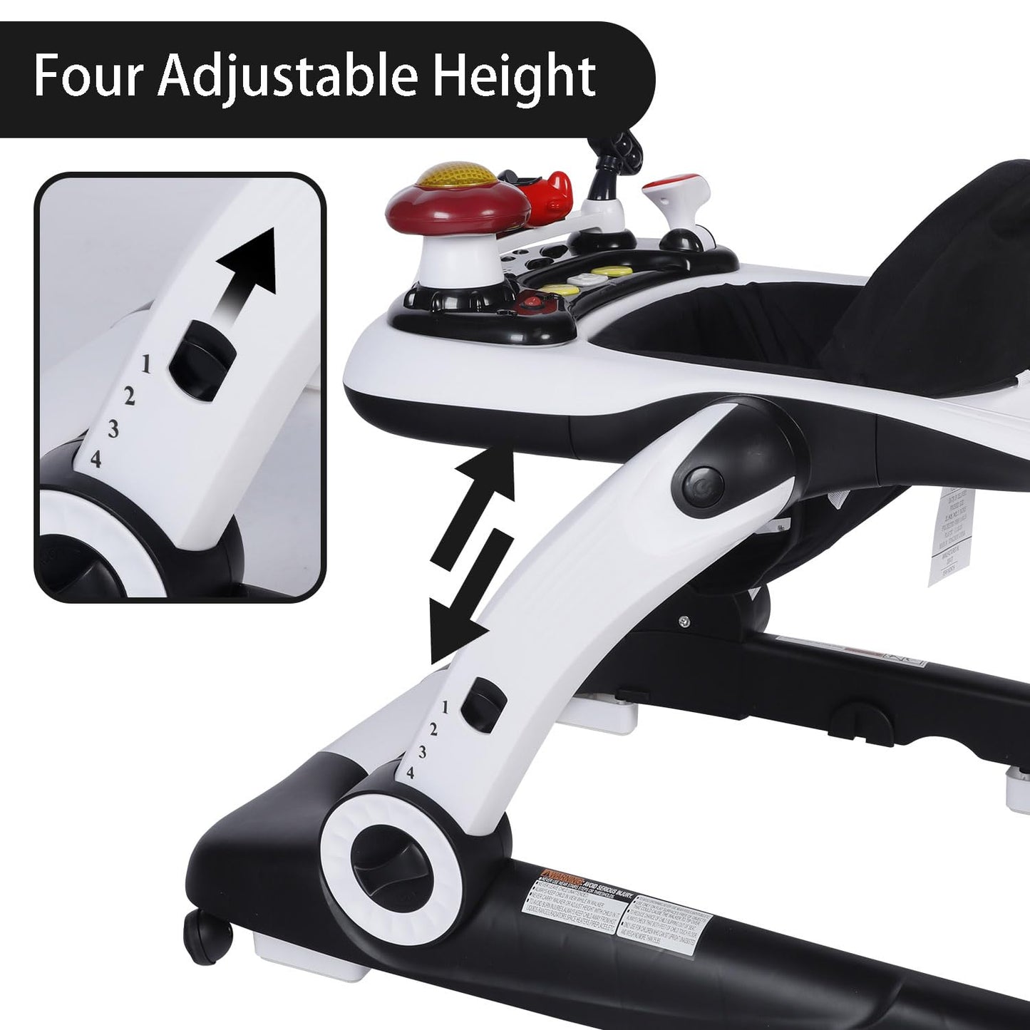 Kinder King Baby Walker with Music & Lights, 5 in 1 Baby Activity Walker with Wheel, Adjustable Height & Seat, Learning-Seated & Toddler Walk-Behind, Safety Bumper, Infant Walker Anti-Rollover, Black