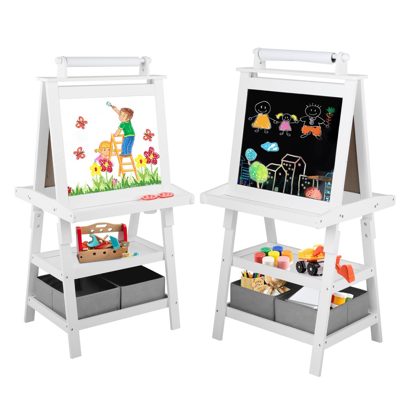 Kinder King 3 in 1 Kids Art Easel w/Storage, Double-Sided Magnetic Whiteboard & Chalkboard, Dry-Erase Board w/Paper Roller, Toddler Children Standing Easel for Painting & Drawing, Accessories, White