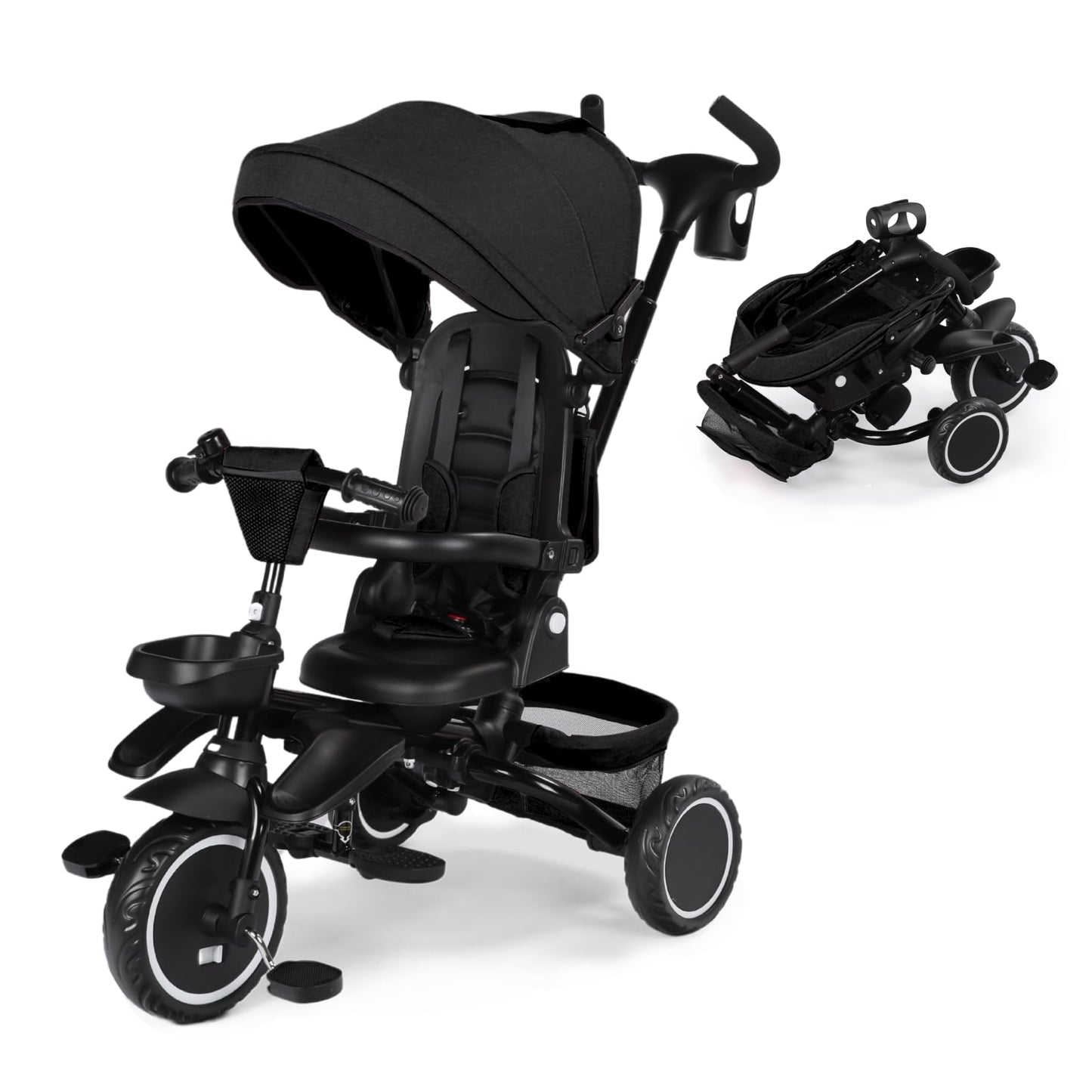 Kinder King Kids Tricycle, 8 in 1 Folding Toddler Trike w/Adjustable Push Handle, Rotatable Seat, Adjustable Canopy, Bell, Five-Point Harness, Storage, Bike Tricycle for Toddlers 1-3, Black
