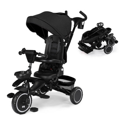 Kinder King Kids Tricycle, 8 in 1 Folding Toddler Trike w/Adjustable Push Handle, Rotatable Seat, Adjustable Canopy, Bell, Five-Point Harness, Storage, Bike Tricycle for Toddlers 1-3, Black
