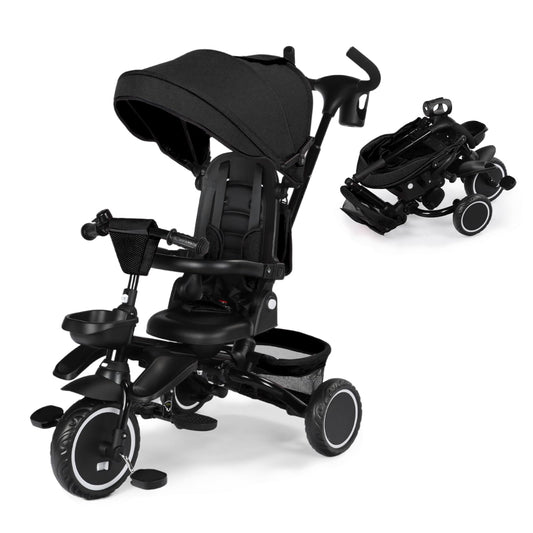 Kinder King Kids Tricycle, 8 in 1 Folding Toddler Trike w/Adjustable Push Handle, Rotatable Seat, Adjustable Canopy, Bell, Five-Point Harness, Storage, Bike Tricycle for Toddlers 1-3, Black