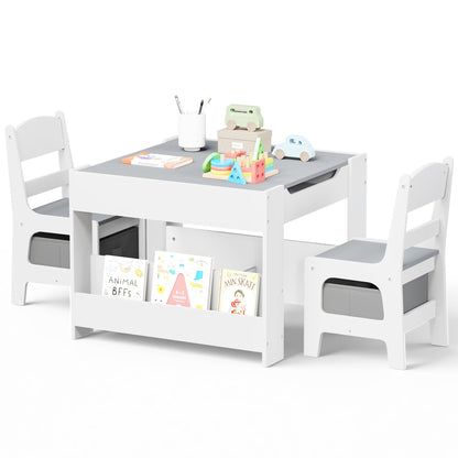 Kinder King Kids Wood Table & 2 Chairs Set, 4 in 1 Children Activity Table w/Double Bookcase, Blackboard, Toddler Furniture Set for Art, Crafts, Drawing, Reading, Playroom, Grey