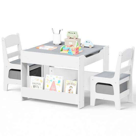 Kinder King Kids Wood Table & 2 Chairs Set, 4 in 1 Children Activity Table w/Double Bookcase, Blackboard, Toddler Furniture Set for Art, Crafts, Drawing, Reading, Playroom, Grey