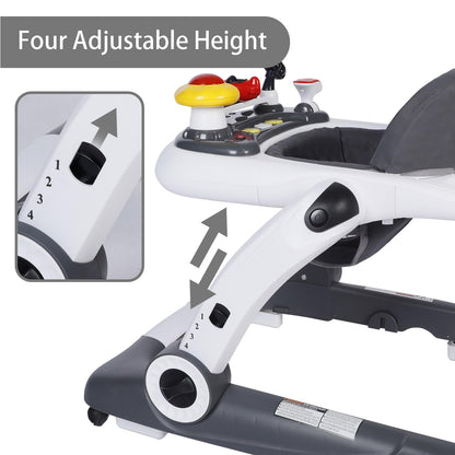 Kinder King Baby Walker with Music & Lights, 5 in 1 Baby Activity Walker with Wheel, Adjustable Height & Seat, Learning-Seated & Toddler Walk-Behind, Safety Bumper, Infant Walker Anti-Rollover, Grey