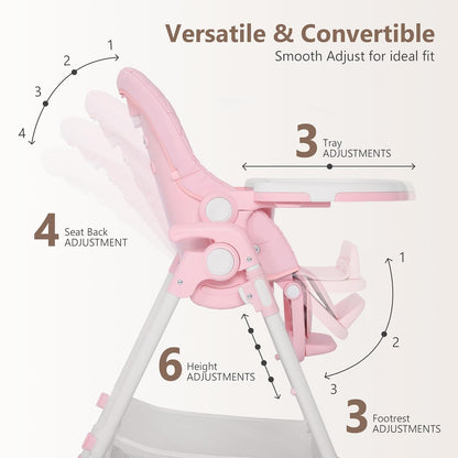 Kinder King Convertible Baby High Chair, Adjustable Feeding Chair for Babies and Toddlers with Removable Double Tray, Simple Compact Fold for Space-Saving, 2 Built-in Wheels, Easy to Clean, Pink