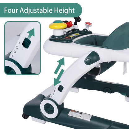 Kinder King Baby Walker with Music & Lights, 5 in 1 Baby Activity Walker with Wheel, Adjustable Height & Seat, Learning-Seated & Toddler Walk-Behind, Safety Bumper, Infant Walker Anti-Rollover, Green