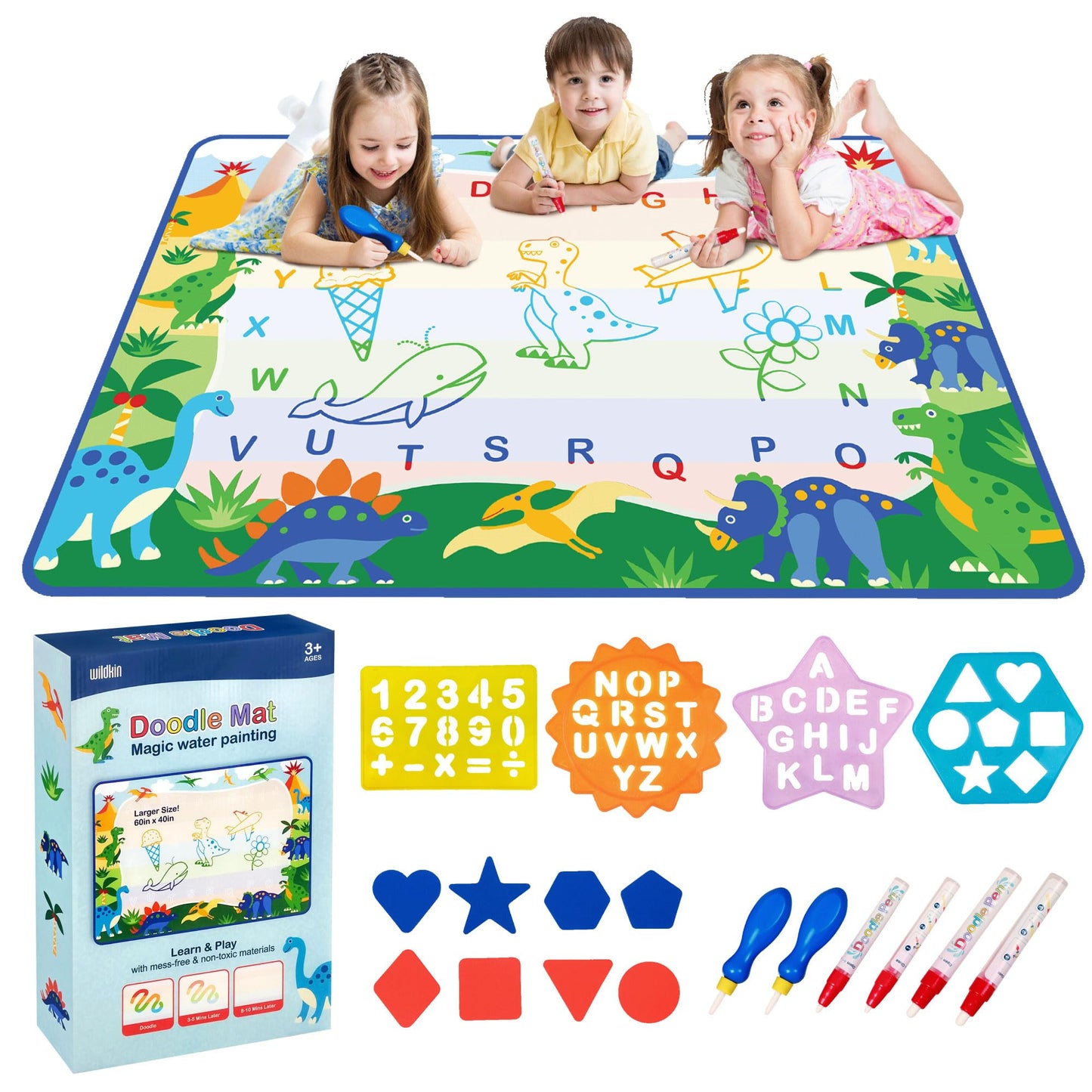 Kinder King Doodle Mat ¨C Extra Large 60 x 42 Inch Water Drawing Mat for Kids, Educational Learning Toy with Letters & Numbers, Mess-Free Coloring for Toddlers & Preschoolers (Dinosaur Land)