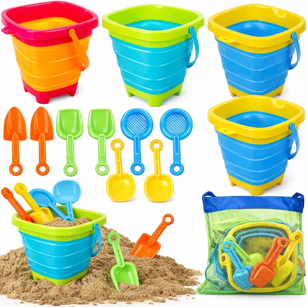 Kinder King Collapsible Beach Toys for Kids with 4 Silicone Collapsible Sand Buckets & 8 Shovels & Mesh Bag, Travel Beach Essentials for Kids Sand Toys Toddlers, Sandbox Toys for Boys Girls Ages 3-5 4-8