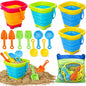 Kinder King Collapsible Beach Toys for Kids with 4 Silicone Collapsible Sand Buckets & 8 Shovels & Mesh Bag, Travel Beach Essentials for Kids Sand Toys Toddlers, Sandbox Toys for Boys Girls Ages 3-5 4-8