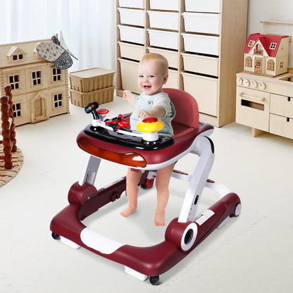 Kinder King Baby Walker with Music & Lights, 5 in 1 Baby Activity Walker with Wheel, Adjustable Height & Seat, Learning-Seated & Toddler Walk-Behind, Safety Bumper, Infant Walker Anti-Rollover, Red