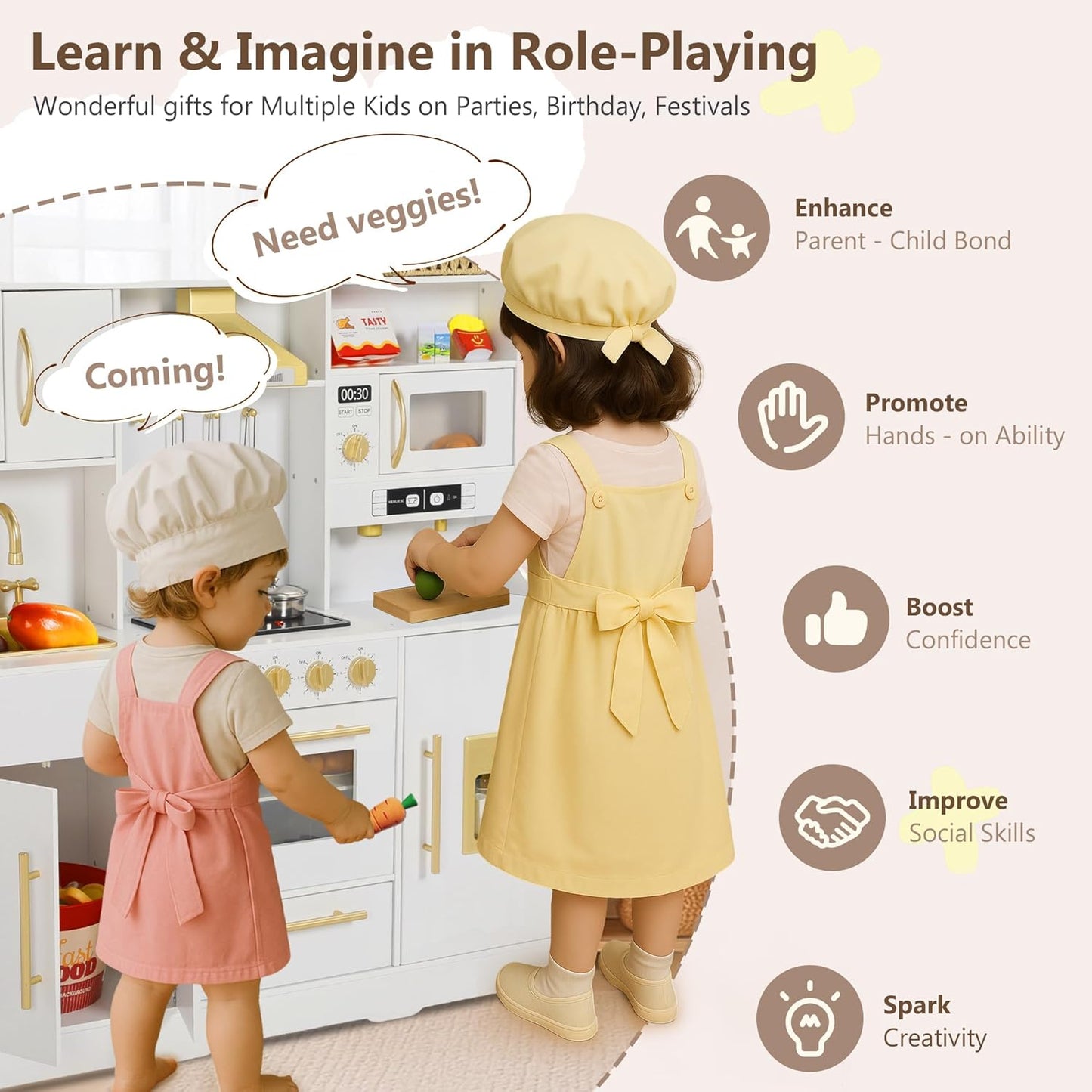 Kinder King Wooden Kids Play Kitchen, Toy Kitchen Playset for Toddler, Play Kitchen Set w/Real Sounds, Pretend Coffee Machine, Kitchen Hood, Sink, Ice Maker, Gift for Boys Girls Age 3+, White