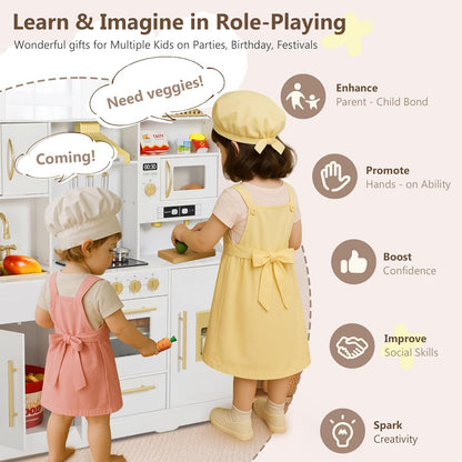 Kinder King Wooden Kids Play Kitchen, Toy Kitchen Playset for Toddler, Play Kitchen Set w/Real Sounds, Pretend Coffee Machine, Kitchen Hood, Sink, Ice Maker, Gift for Boys Girls Age 3+, White