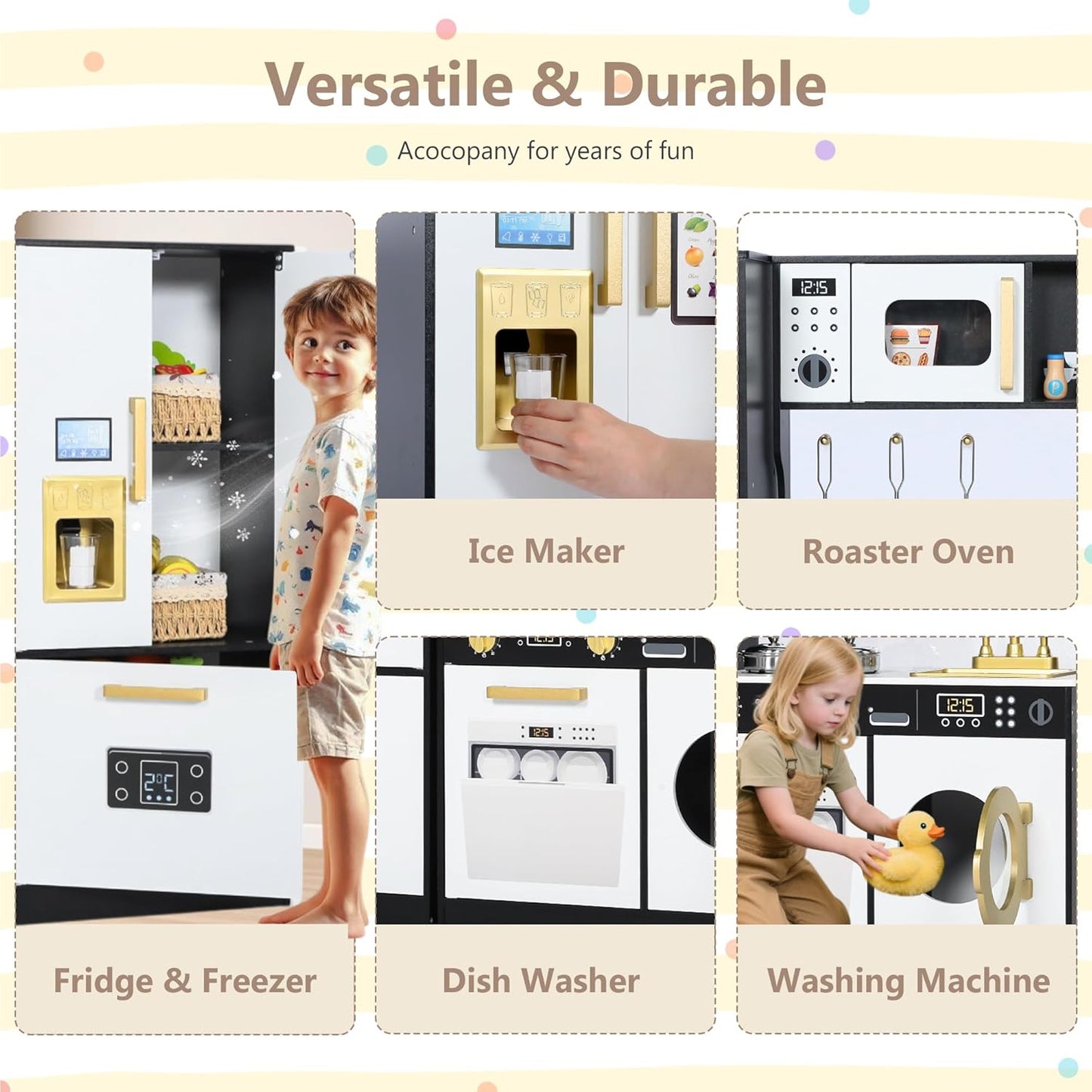 Kinder King Wooden Kids Play Kitchen, Toy Kitchen Playset for Toddler, Play Kitchen Set w/Transparent Coloring Board, Pretend Fridge, Washing Machine, Ice Maker, Gift for Boys Girls Age 3+, Black