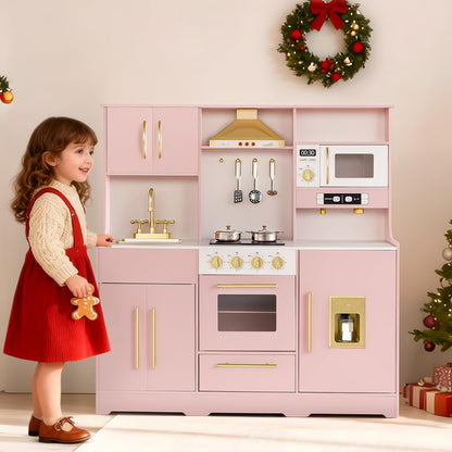 Kinder King Wooden Kids Play Kitchen, Toy Kitchen Playset for Toddler, Play Kitchen Set w/Real Sounds, Pretend Coffee Machine, Kitchen Hood, Sink, Ice Maker, Gift for Boys Girls Age 3+, Pink